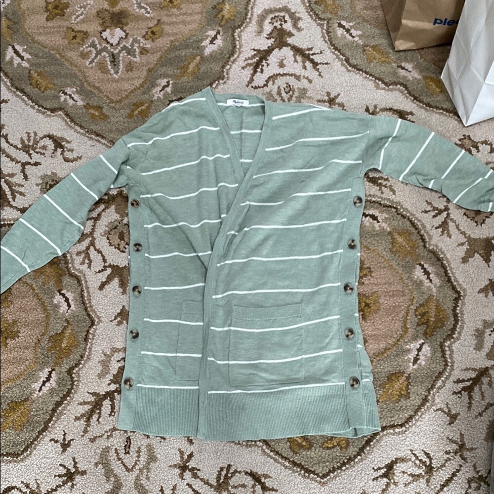 Madewell Striped Green Cardigan with Button Accents